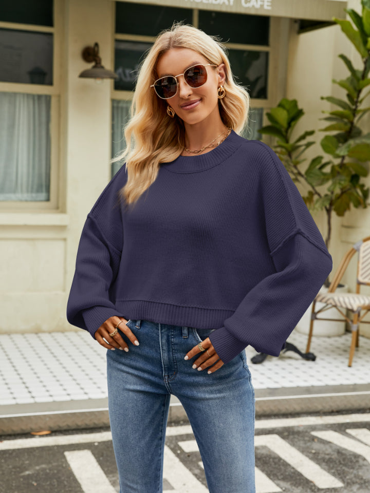 Round Neck Lantern Sleeve Sweater