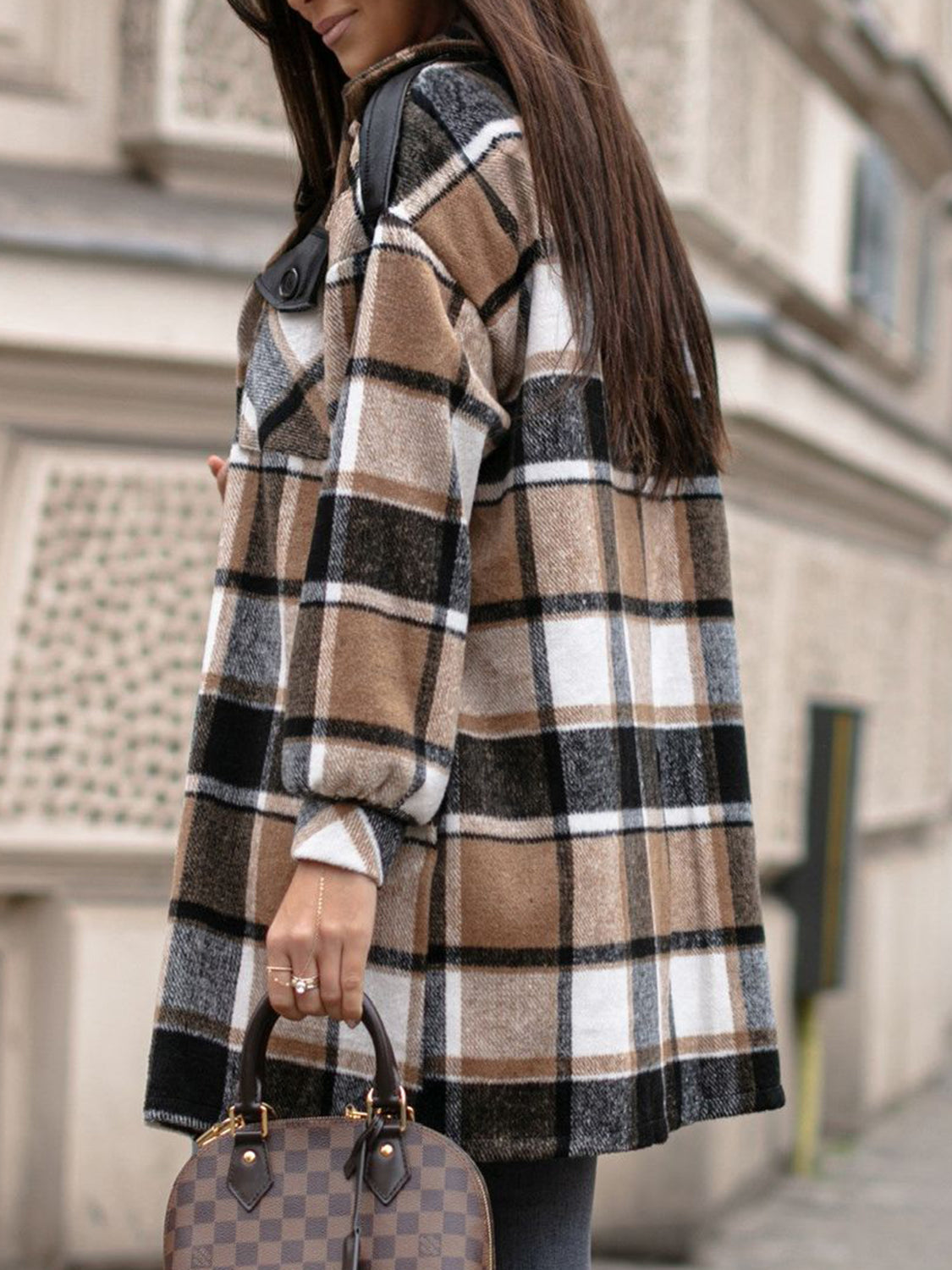 Pocketed Plaid Button Up Dropped Shoulder Shacket