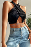 Chain Detail Halter Neck Velvet Cropped Top