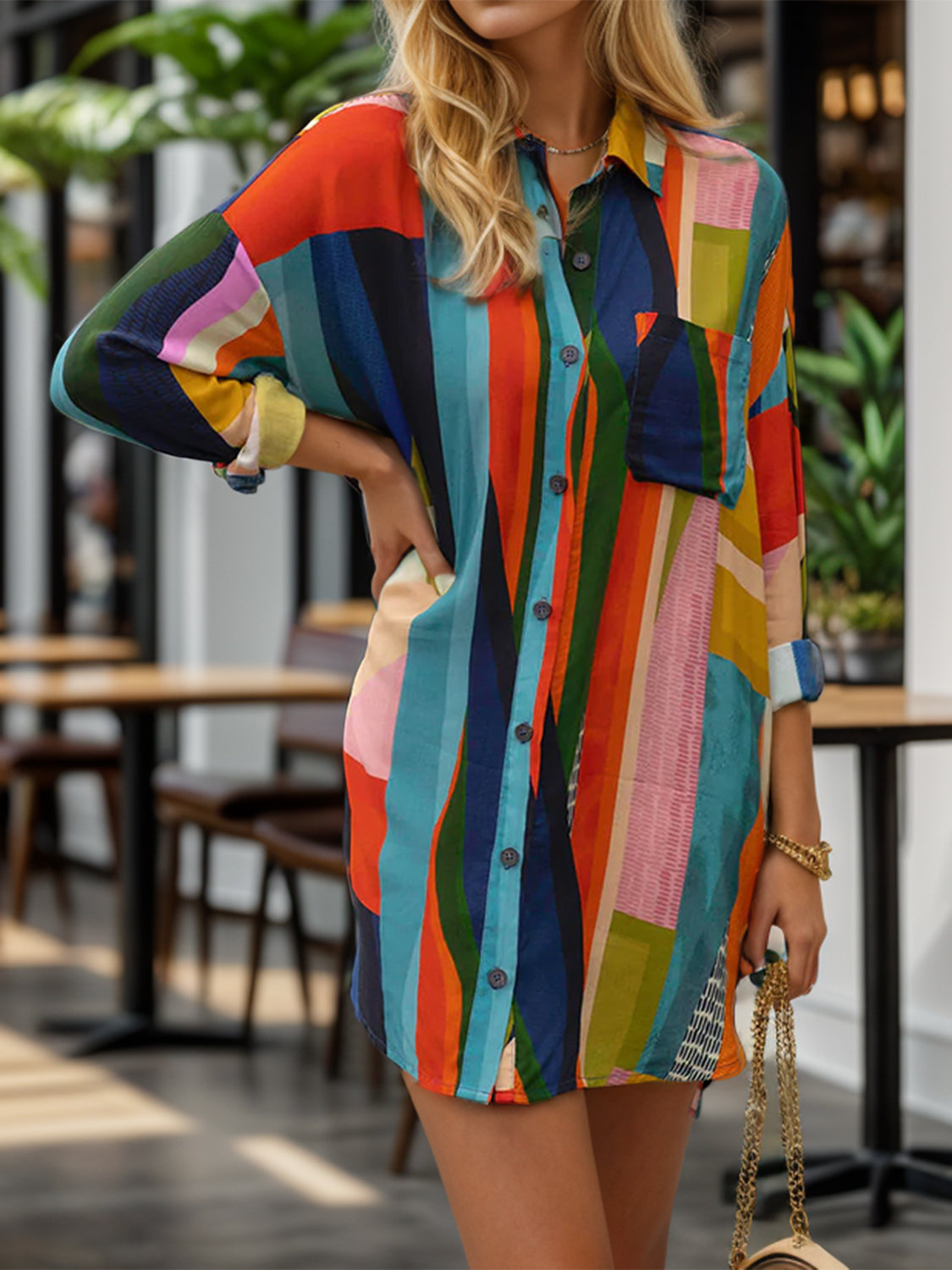 Color Block Button Up Dropped Shoulder Shirt