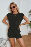 Round Neck Knit Top and Drawstring Shorts Set