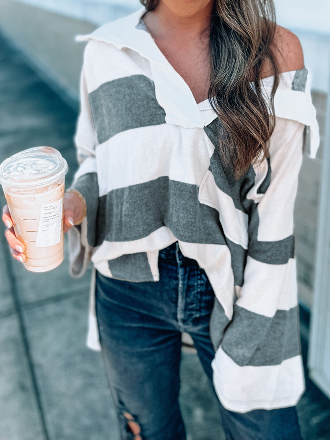 Striped Collared Neck Long Sleeve T-Shirt