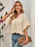 Swiss Dot Notched Neck Flare Sleeve Blouse