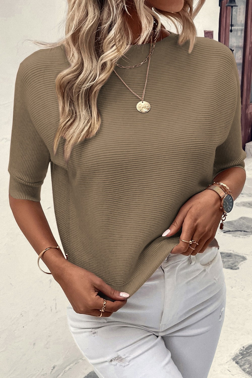 Round Neck Half Sleeve Knit Top