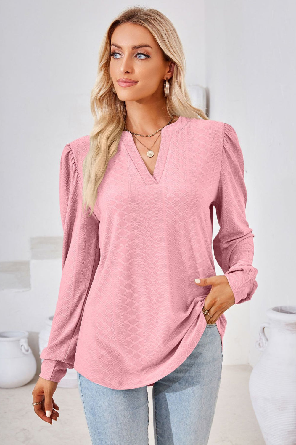 V-Neck Puff Sleeve Blouse