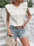 Decorative Button Frill Trim Round Neck Top