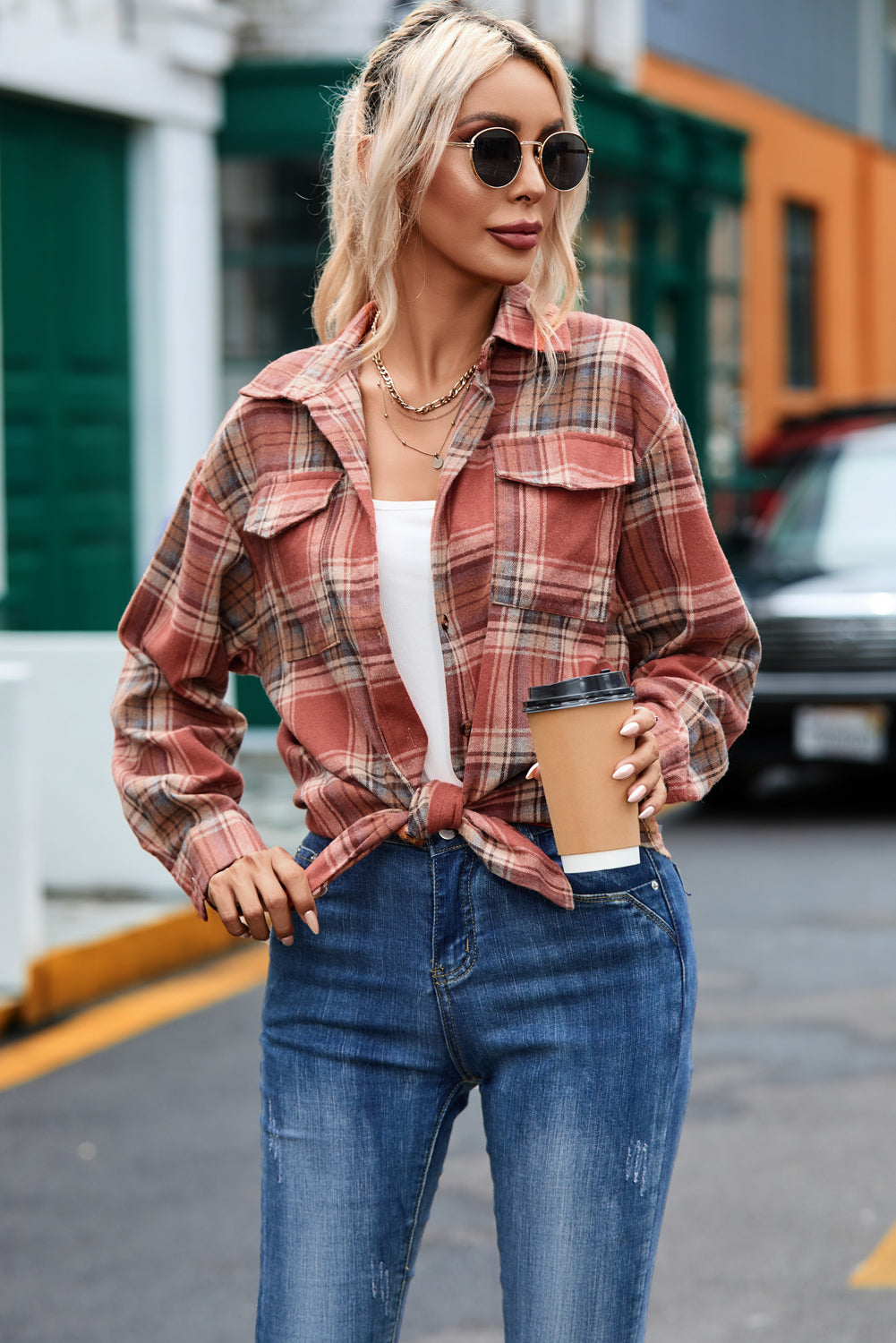 Camisa de manga larga con cuello a cuadros