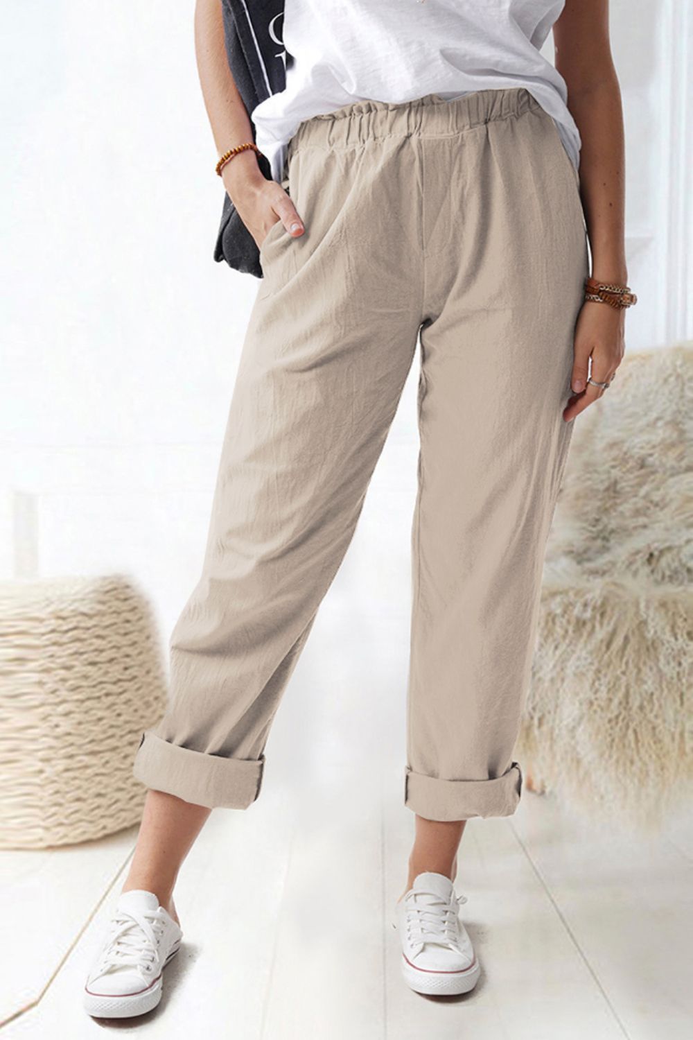 Pantalones sin cierres con cintura paperbag y bolsillos